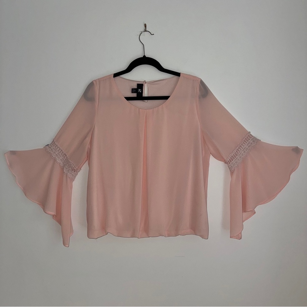 Iz Byer Pink Sheer Bell Sleeve Blouse Lace Detail Size XL‎